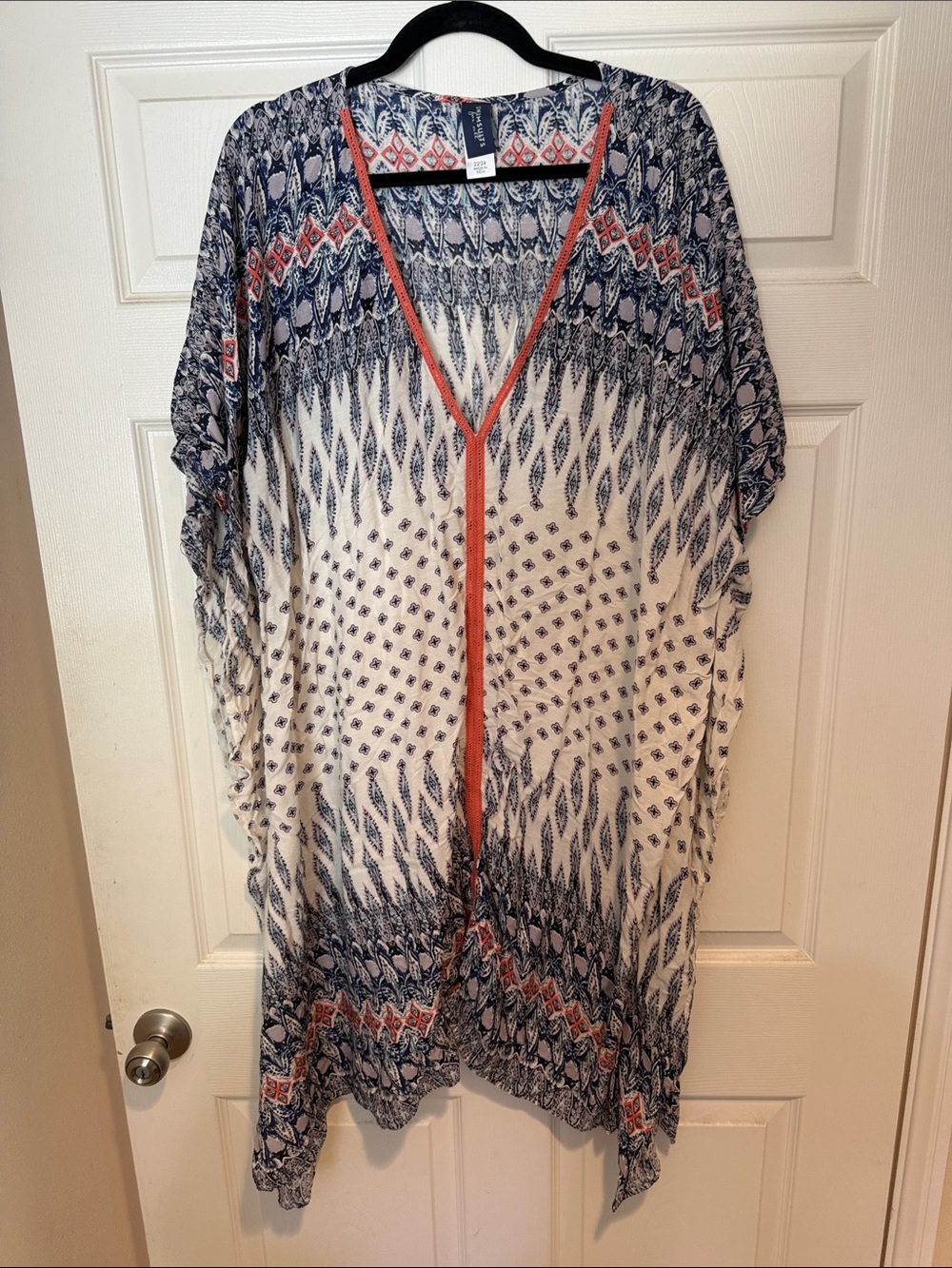 Swimsuits for All Navy, Cream & Coral Open-Front Printed Kimono
